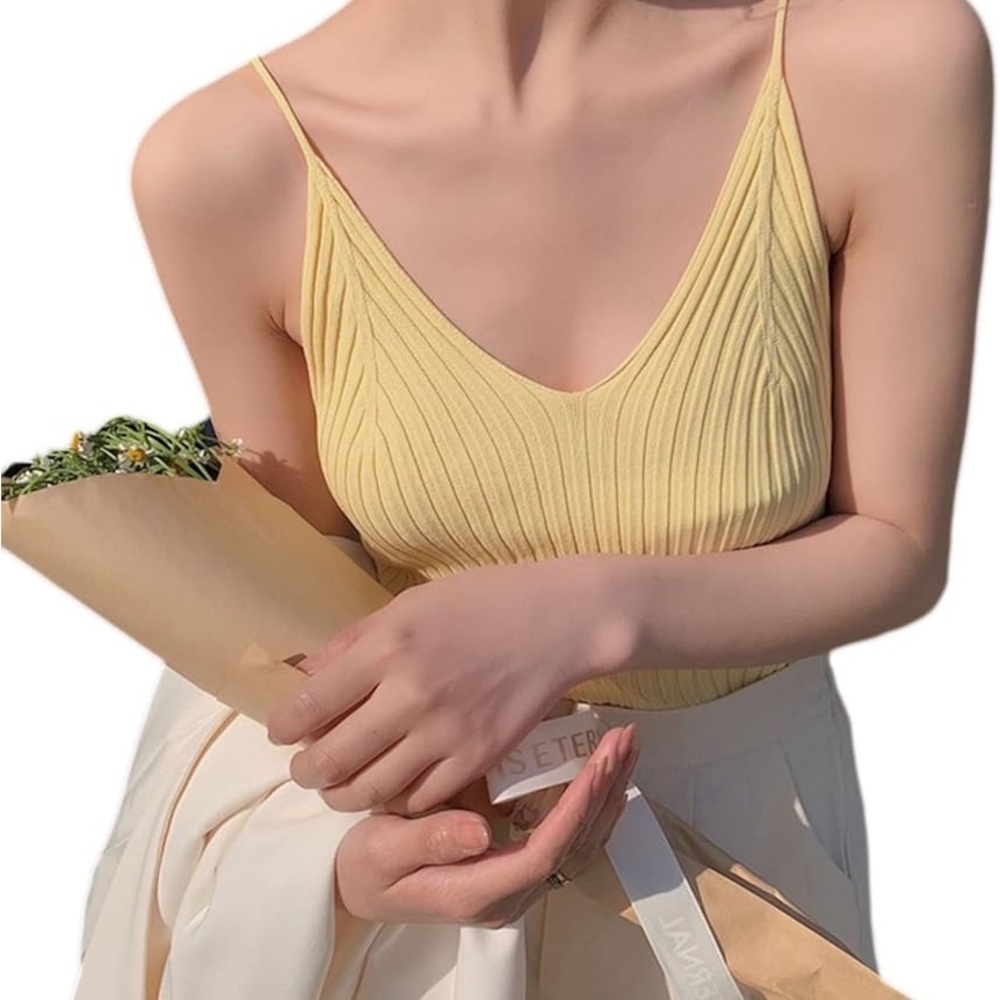 Women’s V Neck Sleeveless Ribbed Knit Crop Cami Tank Bodycon Cream O/S
